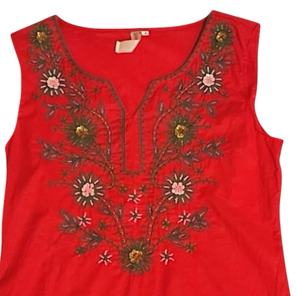 Red Embroidered Cotton Shirt Women's Size 4 Boho Sleeveless Flowers - Picture 6 of 7